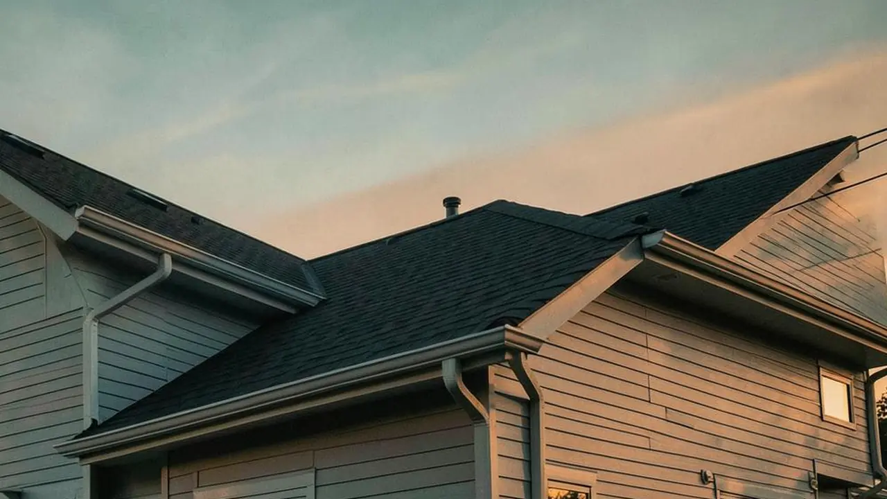 Roofline with gutters and downspouts at golden hour