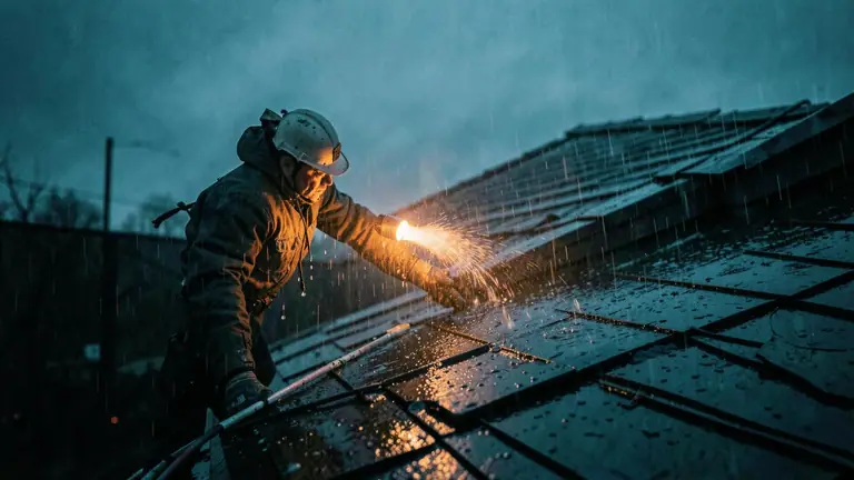 Emergency tarp secured over a leaking section of roof