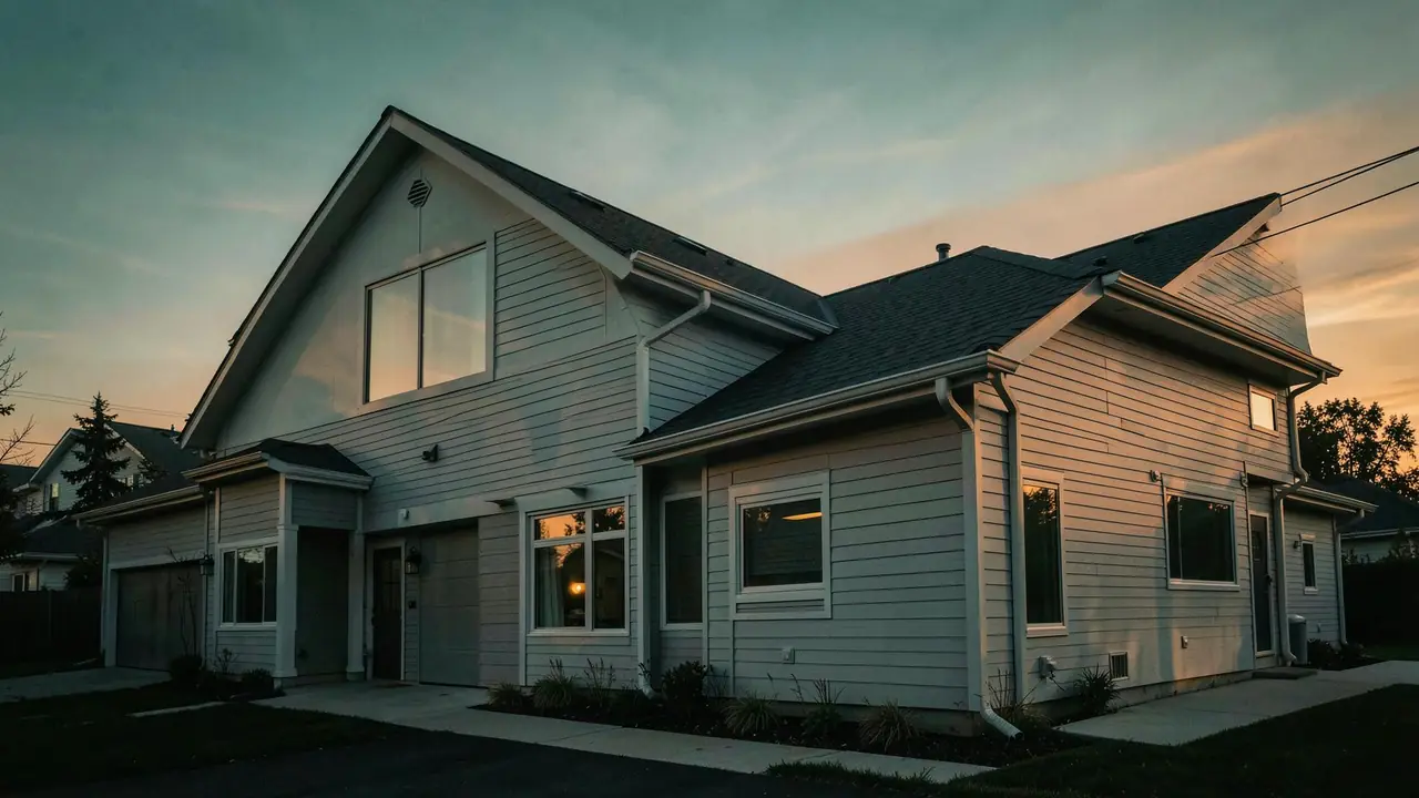 Two-story home exterior with new lap siding at sunset