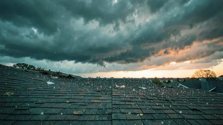 Storm clouds over a hail-damaged shingle roof at dusk