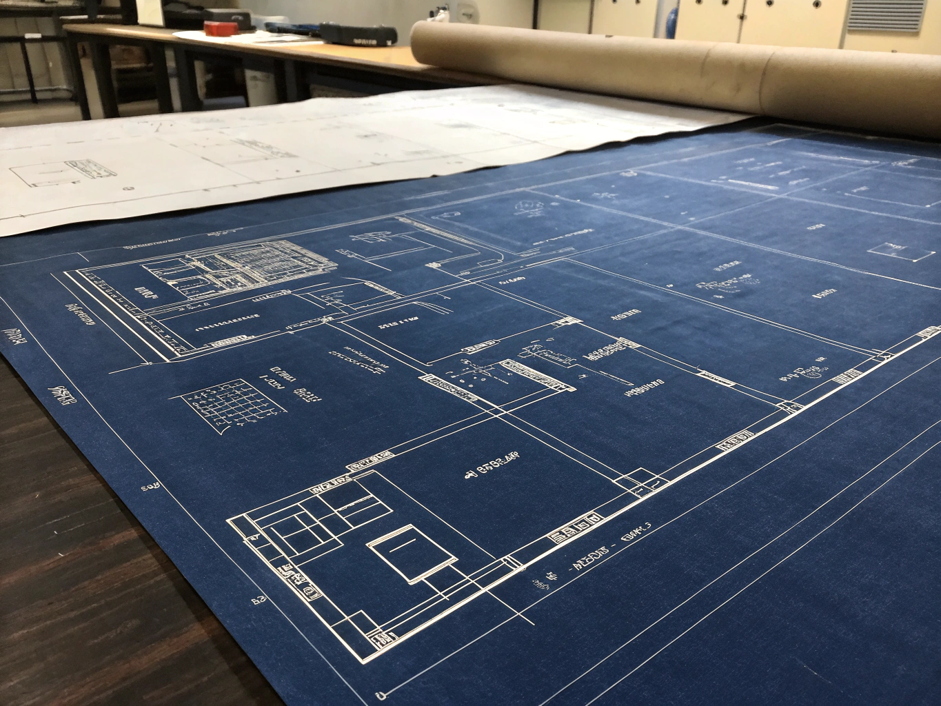 Architectural blueprint showing technical precision and gold light leak overlays